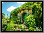 Plan filmowy Hobbiton, Atrakcja turystyczna, Wzgórze, Dom, Rośliny, Hobbit, Miejscowość Matamata, Nowa Zelandia