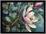 Krzew, Gałązka, Kwitnąca, Magnolia, Malarstwo
