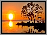 Jezioro, Zachód, Słońca, Drzewa, Altanka