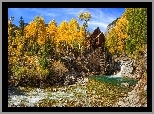 Jesień, Rzeka, Skały, Kamienie, Las, Drzewa, Drewniany, Dom