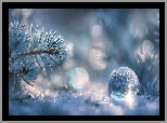Szklana, Kulka, Śnieg, Gałązka, Iglak, Zima, Grafika AI