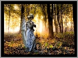 Las, Anioł, Posąg, Drzewa, Przebijające, Światło, Liście, Jesień