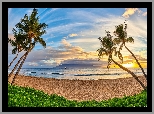 Hawaje, Wyspa Maui, Plaża Kaanapali Beach, Palmy, Roślinność, Wschód słońca, Chmury, Żaglówki