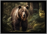 Niedźwiedź brunatny, Grizzly, Las, Drzewa
