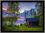 Jezioro Kallunkijarvi, Dom, Łódka, Drzewa, Brzozy, Wiosna, Zachód słońca, Gmina Kuusamo, Finlandia