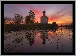 Cerkiew, Rzeka, Drzewa, Zachód słońca