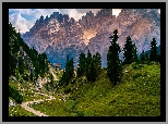 Włochy, Południowy Tyrol, Góry, Dolomity, Zielone, Wzgórza, Drzewa, Ścieżka, Chmury