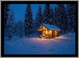 Zima, Drewniany, Oświetlony, Dom, Drzewa