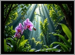 Drzewa, Rośliny, Kwiaty, Fioletowe, Storczyki, Przebijające światło, Grafika AI, Las