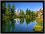 Szwajcaria, Góry, Alpy, Szczyt, Matterhorn, Jezioro, Riffelsee, Drzewa