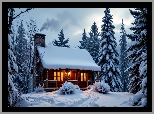 Zima, Oświetlony, Dom, Drzewa, Dym, Grafika AI