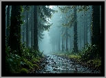 Las, Drzewa, Droga, Kałuże, Mgła