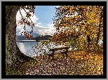 Jesień, Drzewa, Ławka, Jezioro Staffelsee, Bawaria, Niemcy