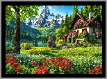 Dom, Drzewa, Kwiaty, Góry, Grafika