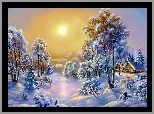 Drzewa, Domki, Śnieg, Zima