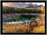 Jezioro, Lago Karersee, Carezza, Góry, Dolomity, Drzewa, Odbicie, Południowy Tyrol, Włochy