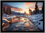 Zima, Rzeka, Śnieg, Drzewa, Zachód słońca