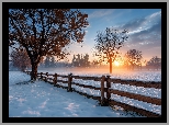 Zima, Ogrodzenie, Śnieg, Drzewa, Chmury, Zachód słońca