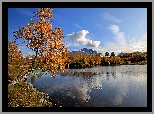Drzewo, Jezioro, Góry, Chmury, Jesień