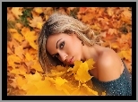Dziewczyna, Blondynka, Modelka, Liście, Jesień