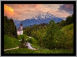 Kościół, Sanktuarium Maria Gern, Drzewa, Lasy, Droga, Góry, Alpy Salzburskie, Berchtesgaden, Bawaria, Niemcy