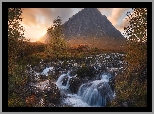 Zachód słońca, Jesień, Góra, Buachaille Etive Mor, Dolina, Glen Coe, Skały, Rzeka, Drzewa, Szkocja