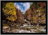 Góry, Rzeka, Kamienie, Skały, Drzewa, Park Narodowy Ordesa y Monte Perdido, Dolina Ordesa, Aragonia, Hiszpania