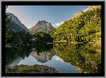 Góry Alpy, Las, Drzewa, Jezioro, Lage Cavloc, Odbicie, Dom, Kamienie, Kanton Gryzonia, Szwajcaria