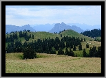 Góry, Zielone, Wzgórza, Drzewa, Domy