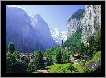 Góry, Wodospad, Domy, Drzewa, Lauterbrunnen, Szwajcaria