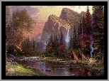 Góry, Rzeka, Las, Biwak, Thomas Kinkade