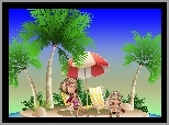 Grafika, Plaża, Palmy, Leżaki, Parasol
