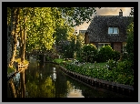 Rzeka, Dom, Most, Drzewa, Giethoorn, Prowincja Overijssel, Holandia