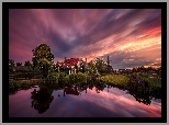 Holandia, Wiatrak, Domy, Rzeka, Drzewa, Zachód słońca, Skansen Zaanse Schans