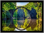 Niemcy, Saksonia, Park Azalii i Rododendronów Kromlau, Kamienny, Most łukowy, Jezioro Rakotz, Drzewa, Odbicie