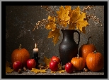 Kompozycja, Dzbanek, Liście, Jabłka, Dynie, Świeca