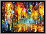 Reprodukcja obrazu, Leonid Afremov, Deszcz, Drzewa, Aleja, Posta, Parasol, Jesie