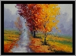 Jesień, Drzewa, Liście, Droga, Mgła