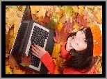 Jesień, Liście, Kobieta, Laptop