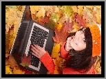 Jesień, Liście, Kobieta, Laptop