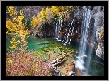 Jesień, Wodospad, Skały, Drzewa, Kolorowe, Liście