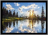 Park Narodowy Mount Rainier, Góry, Drzewa, Jezioro, Tipsoo Lake, Niebo, Zachód słońca, Stan Waszyngton, Stany Zjednoczone