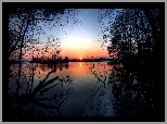 Jezioro, Zachód, Słońca, Drzewa