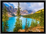 Park Narodowy Banff, Jezioro, Moraine Lake, Góry, Drzewa, Las, Tęcza, Chmury, Alberta, Kanada