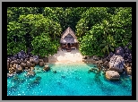 Morze, Plaża, Dom, Kamienie, Skały, Drzewa, Palmy