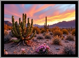 Kolorowe, Niebo, Kaktusy, Różowe, Kwiaty, Kępki, Rośliny, Piasek, Góry