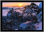 Korea Południowa, Prowincja  Gyeonggi-do, Park Narodowy Bukhansan, Góra Dobongsan, Zima, Wschód słońca, Mgła, Skały, Drzewa, Sosna