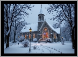 Zima, Kościół, Drzewa, Latarnie, Droga