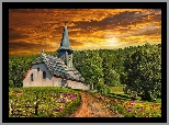 Kościół, Zachód, Słońca, Drzewa