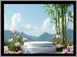 Podium, Drzewo, Bambus, Kwiaty, Lotosy, Góry